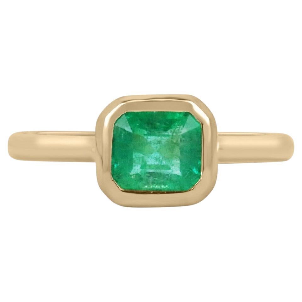 1.20ct 18K Vivid Green Emerald Cut Emerald Solitaire Gold Bezel Right Hand Ring For Sale