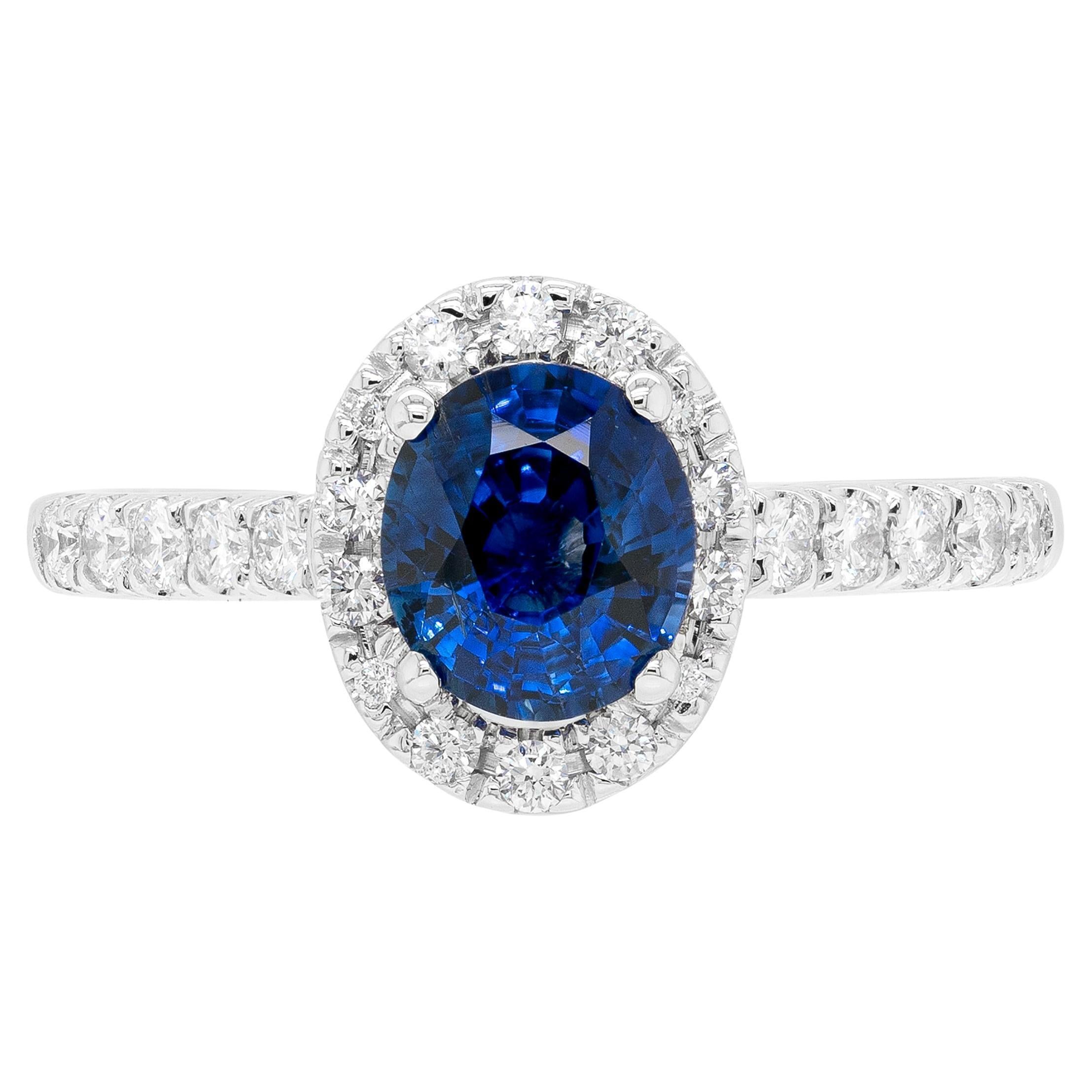 1.20ct Blue Sapphire and Diamond 18 Carat White Gold Halo Engagement Ring For Sale