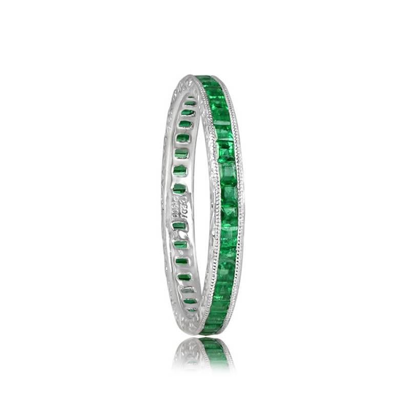 Art Deco 1.20ct Calibre Cut Natural Green Emerald Eternity Wedding Band, Platinum For Sale