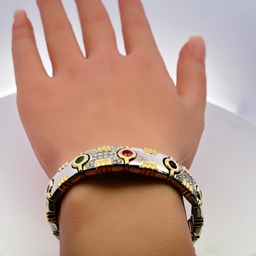 Bracelet Link en or 18 carats composé de 1,20 carats de diamants, 0,80 carats d'émeraudes, 0,60 carats de rubis et de saphirs en vente 5