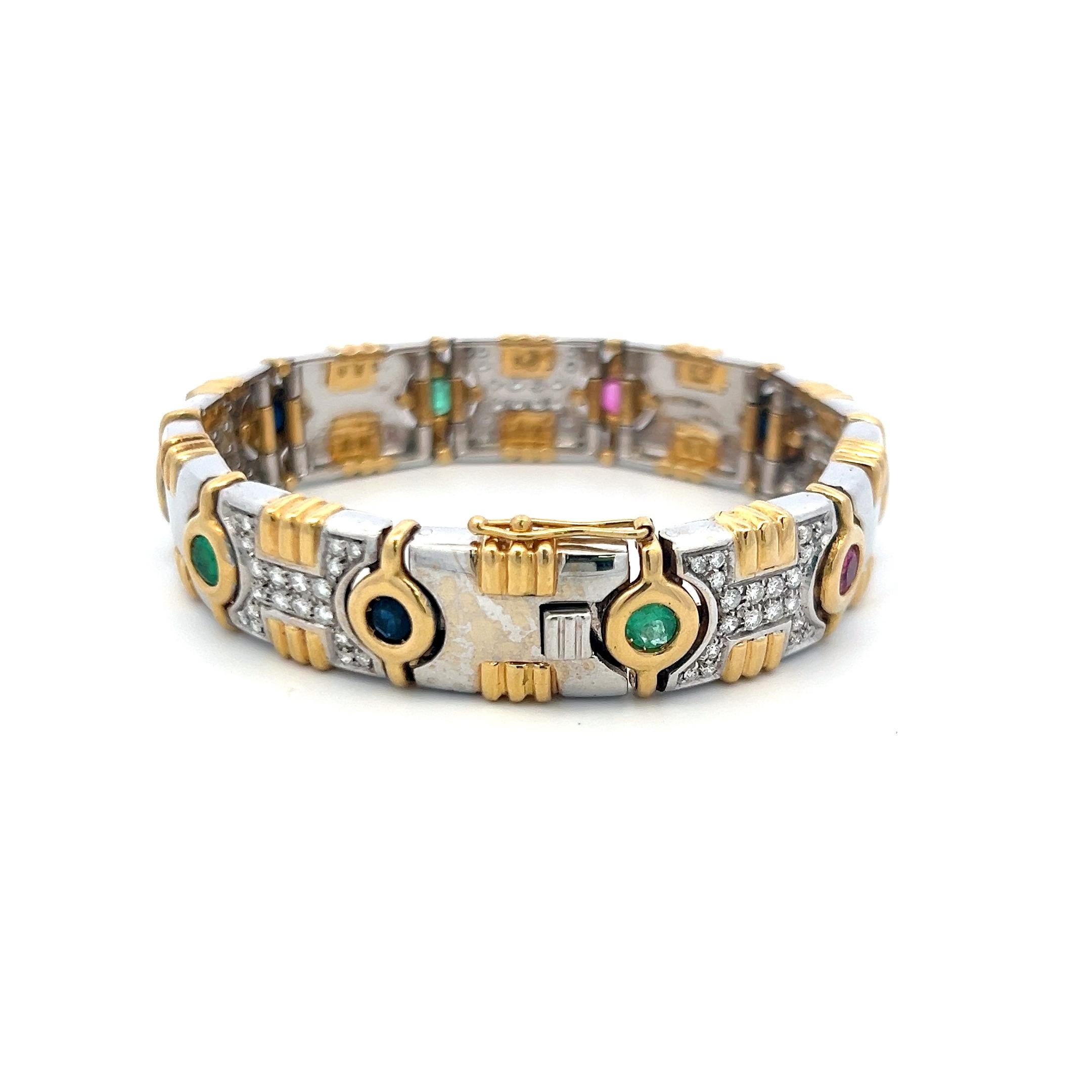 Taille ronde Bracelet Link en or 18 carats composé de 1,20 carats de diamants, 0,80 carats d'émeraudes, 0,60 carats de rubis et de saphirs en vente