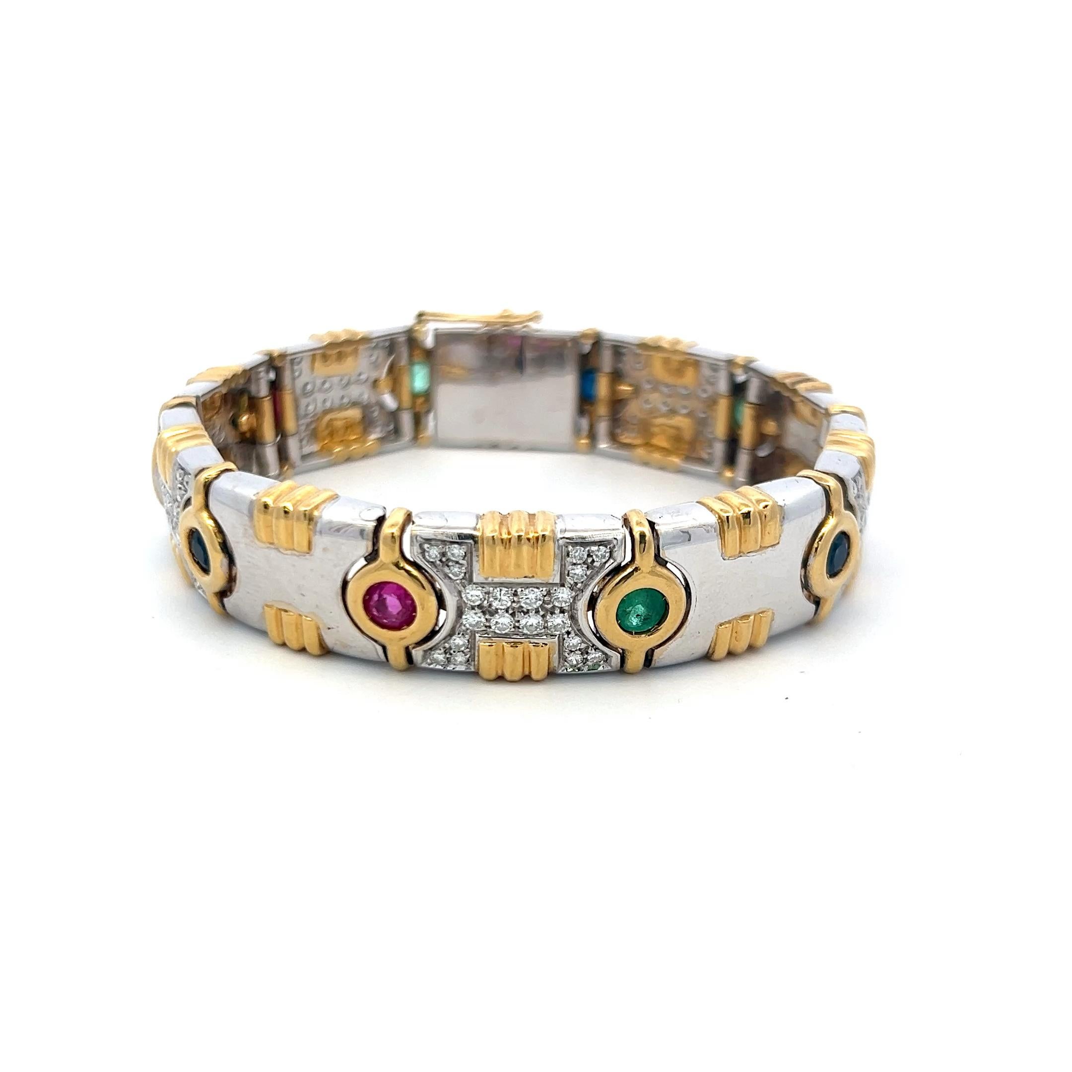 Bracelet Link en or 18 carats composé de 1,20 carats de diamants, 0,80 carats d'émeraudes, 0,60 carats de rubis et de saphirs Pour femmes en vente