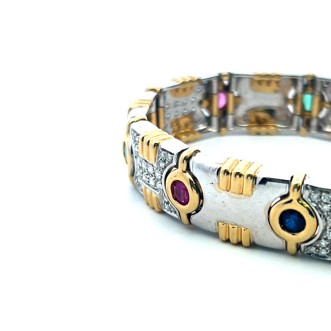 Bracelet Link en or 18 carats composé de 1,20 carats de diamants, 0,80 carats d'émeraudes, 0,60 carats de rubis et de saphirs en vente 3