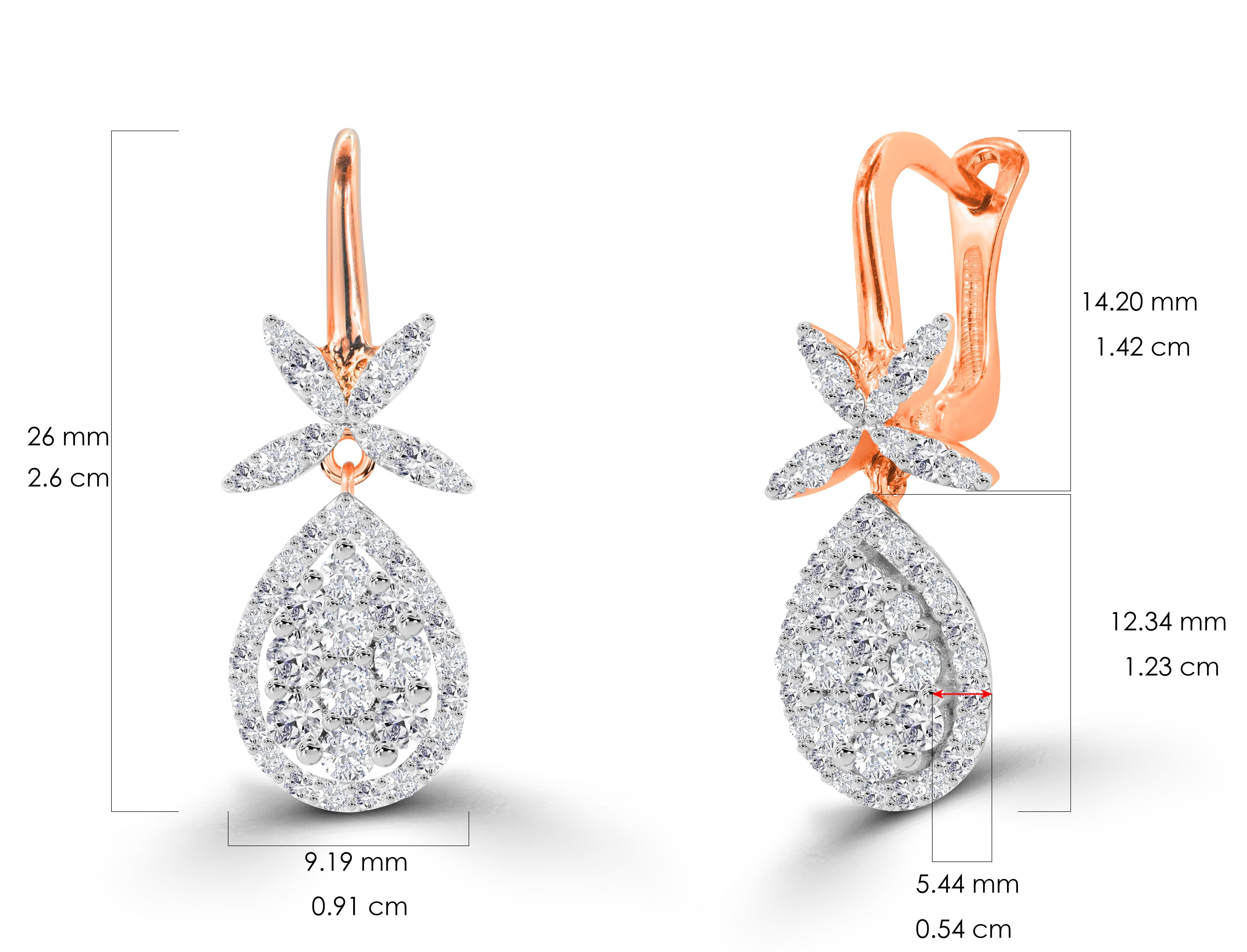 1.20ct Diamond Flower Drop Earrings in 14k Gold For Sale 2
