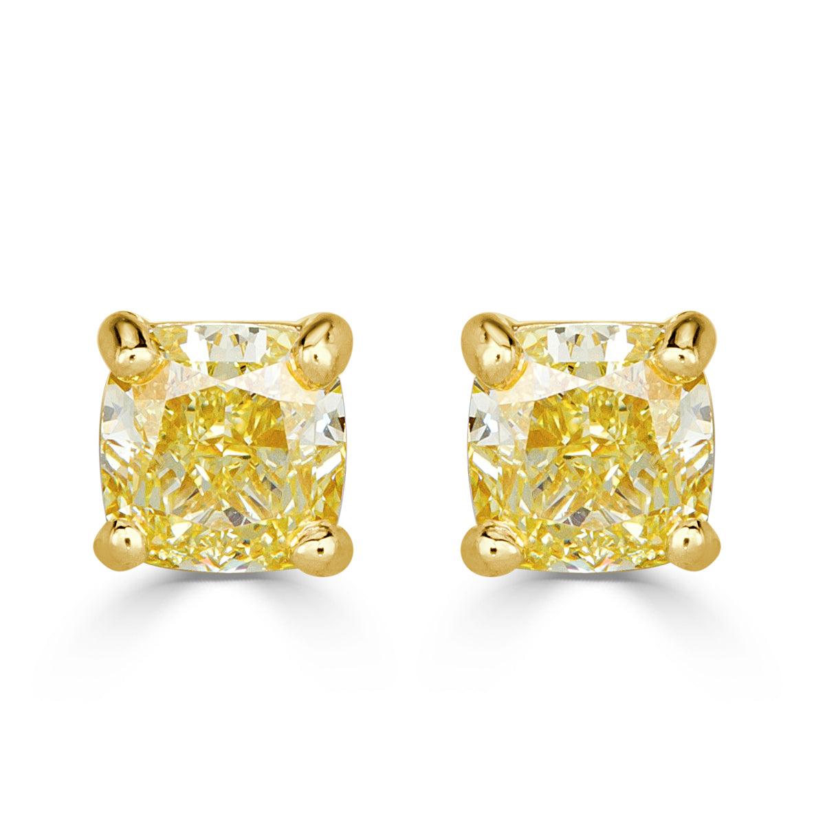 1.20ct Fancy Intense Yellow Cushion Cut Diamond Stud Earrings For Sale