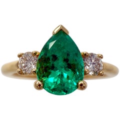 1.20ct GIA Cert Vivid Green Colombian Emerald Diamond 18k Gold Three Stone Ring