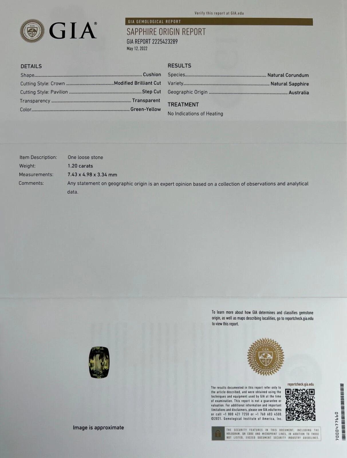 1,20 Karat GIA zertifizierter australischer Saphir, nicht erhitzt, grüngelb, antiker Kissenschliff im Angebot 4