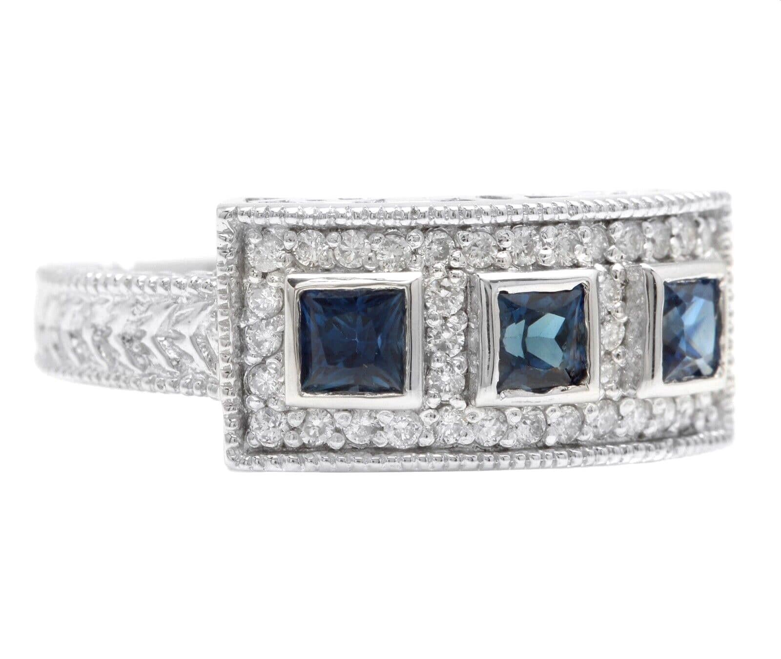 1.20Ct Natural Blue Sapphire and Diamond 14K Solid White Gold Ring

Suggested Replacement Value $4,000.00

Total Natural Blue Sapphires Weight: Approx. 0.85 Carats 

Diamond Weight is Approx. 0.35Ct (Color G-H / Clarity SI)

Width of the ring is: