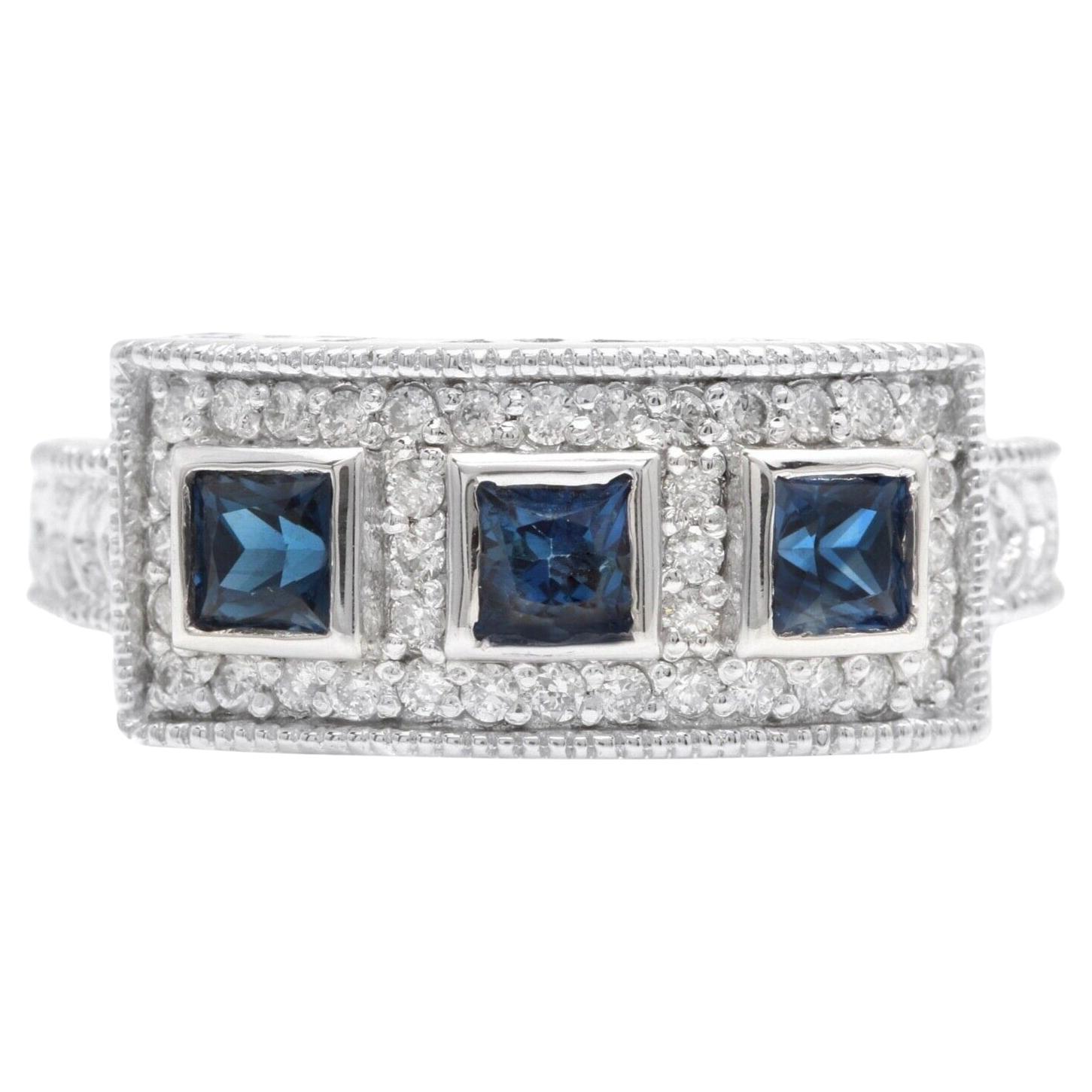 1.20Ct Natural Blue Sapphire and Natural Diamond 14K Solid White Gold Ring For Sale