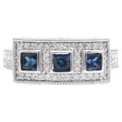 1.20Ct Natural Blue Sapphire and Natural Diamond 14K Solid White Gold Ring