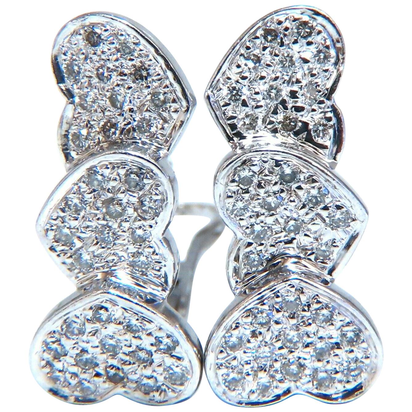 1.20 Carat Natural Diamonds Three-Tier Heart Earrings 14 Karat Gold Clip Omega