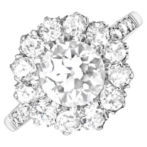 1.20 Carat Old Euro-Cut Diamond Engagement Ring, Diamond Halo, Platinum For Sale