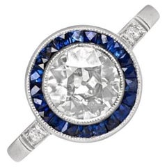 Anillo de compromiso de diamantes talla europea antigua de 1.20 ct, halo de zafiro, platino