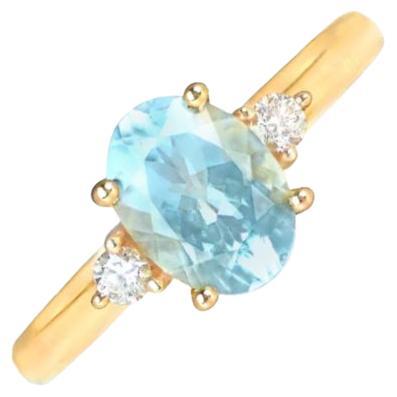 1.20ct Oval Cut Aquamarine Engagement Ring, 18k Yellow Gold For Sale