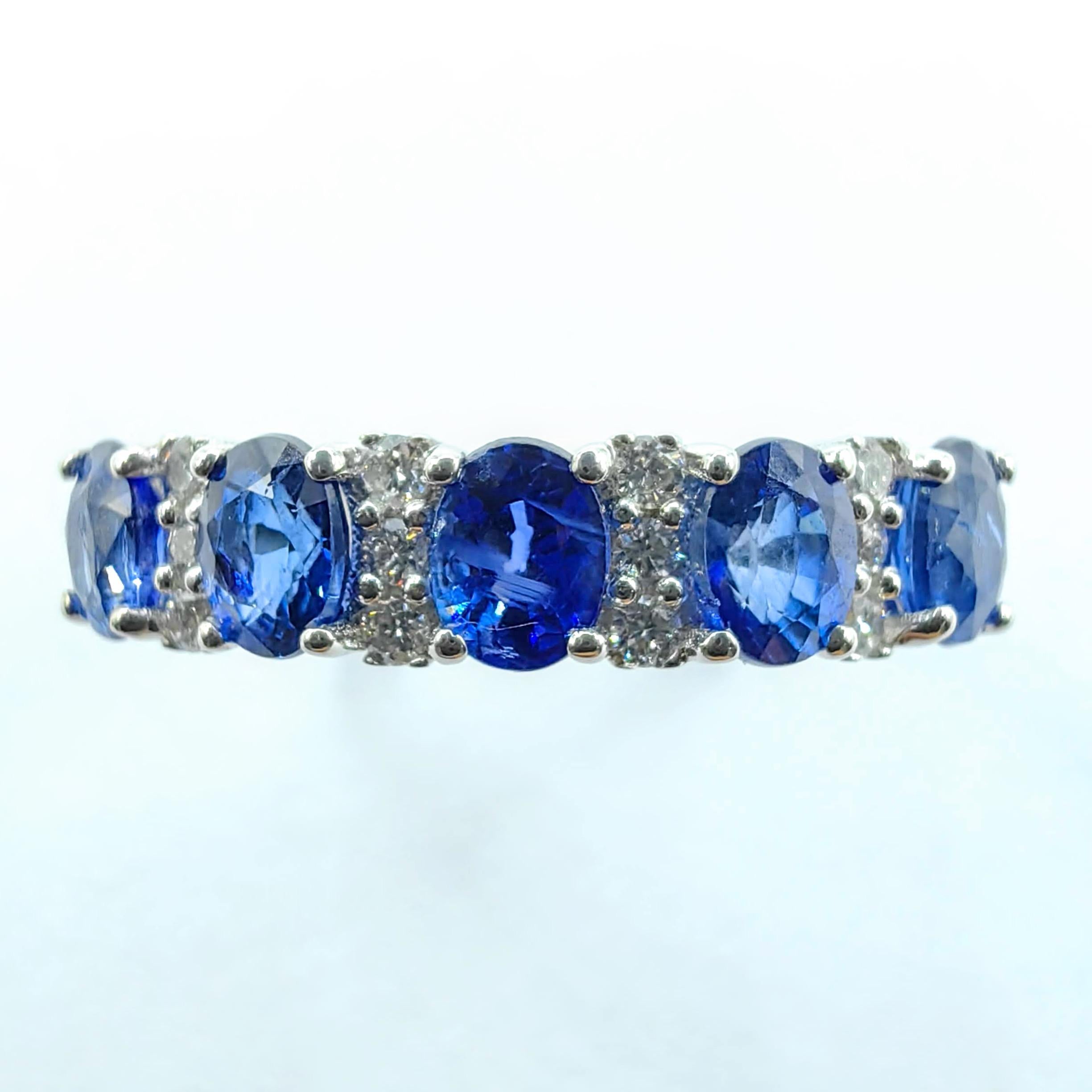 Women's 1.20ct Oval Cut Blue Sapphire & Diamond Eternity Band Ring in 18K White Gold For Sale