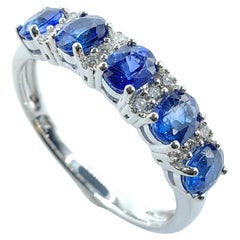 1.20ct Oval Cut Blue Sapphire & Diamond Eternity Band Ring in 18K White Gold