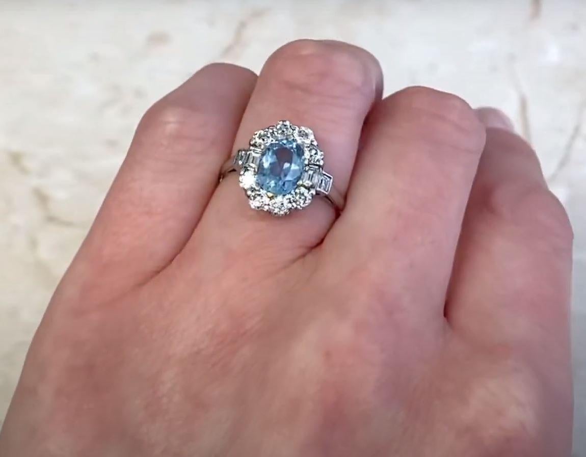 1.20ct Oval Cut Natural Aquamarine Engagement Ring, Diamond Halo, Platinum For Sale 5