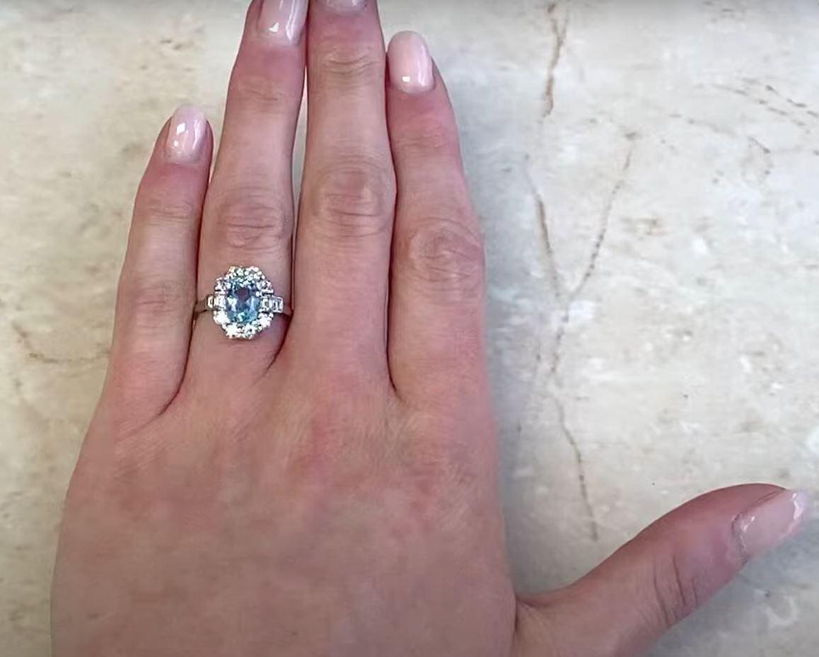 1.20ct Oval Cut Natural Aquamarine Engagement Ring, Diamond Halo, Platinum For Sale 6