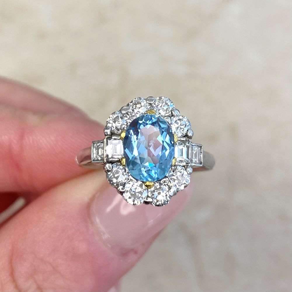 1.20ct Oval Cut Natural Aquamarine Engagement Ring, Diamond Halo, Platinum For Sale 7