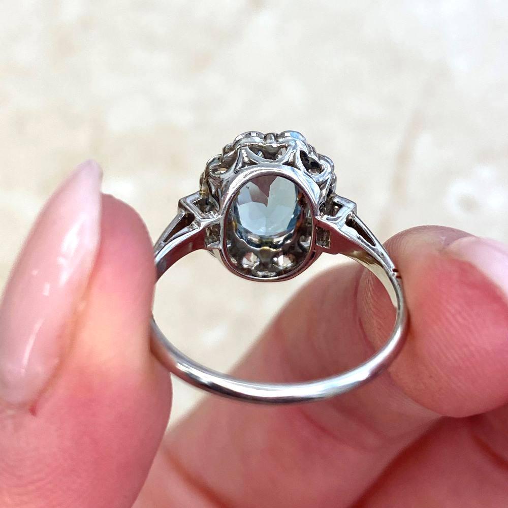 1.20ct Oval Cut Natural Aquamarine Engagement Ring, Diamond Halo, Platinum For Sale 8