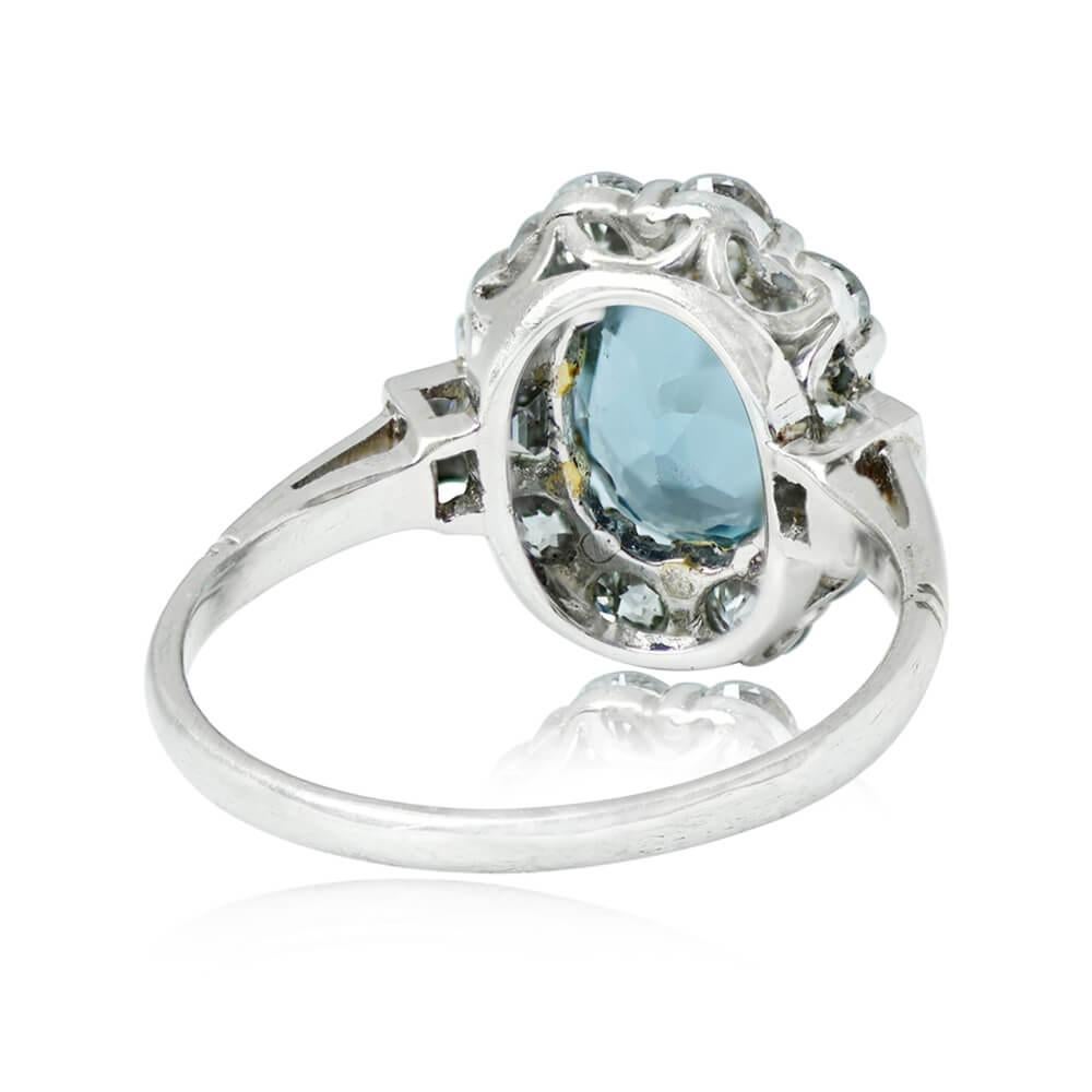 Art Deco 1.20ct Oval Cut Natural Aquamarine Engagement Ring, Diamond Halo, Platinum For Sale