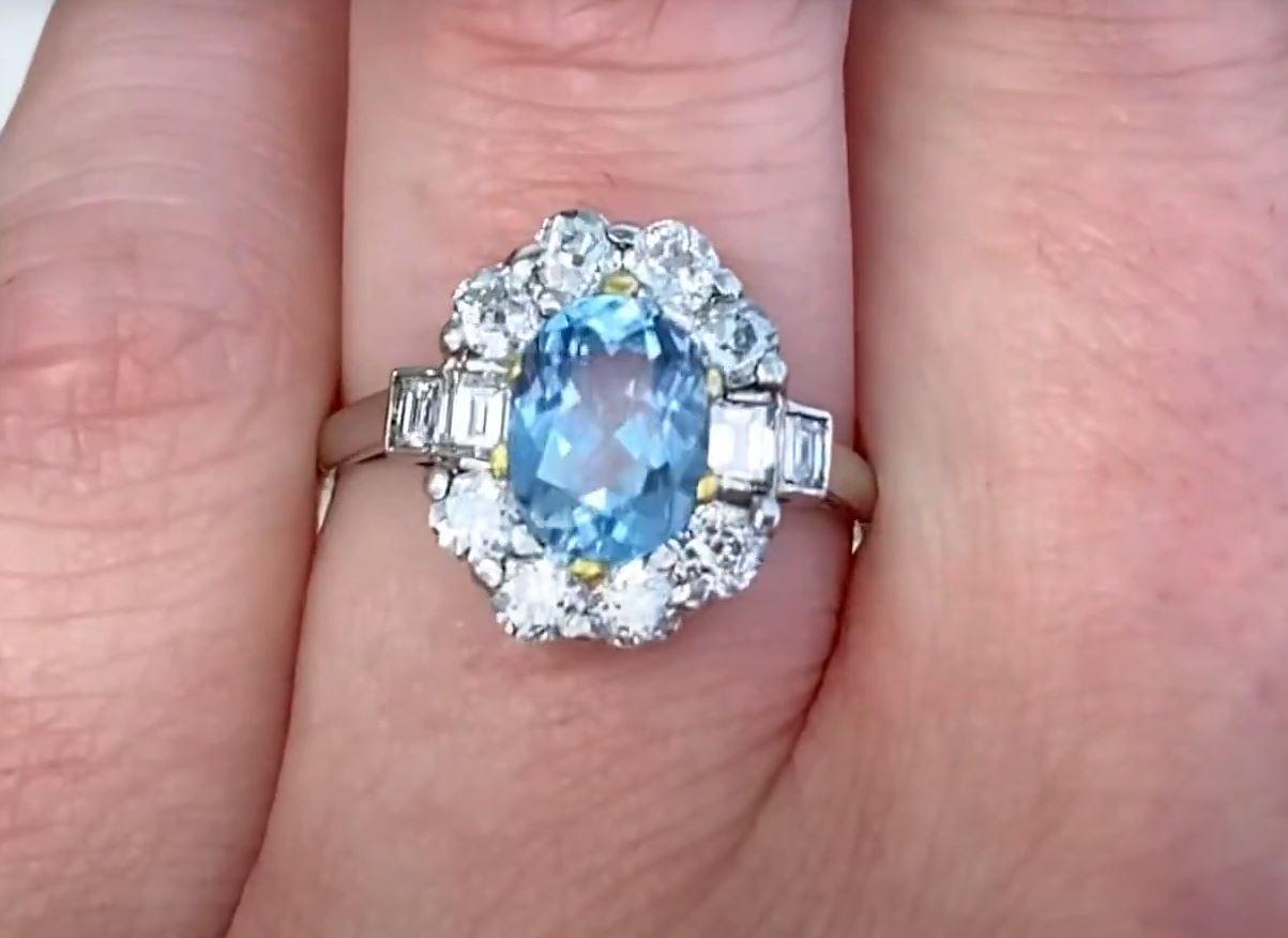 1.20ct Oval Cut Natural Aquamarine Engagement Ring, Diamond Halo, Platinum For Sale 1