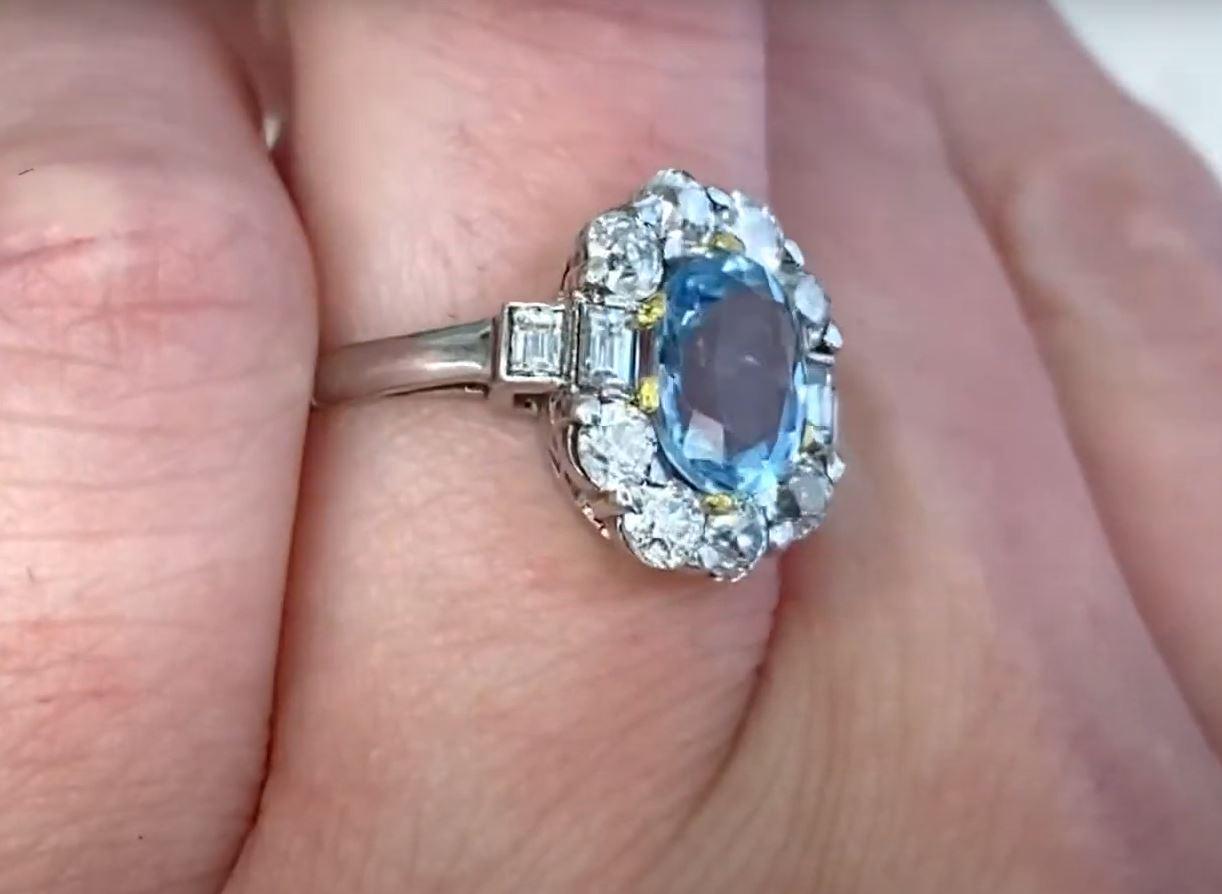 1.20ct Oval Cut Natural Aquamarine Engagement Ring, Diamond Halo, Platinum For Sale 2
