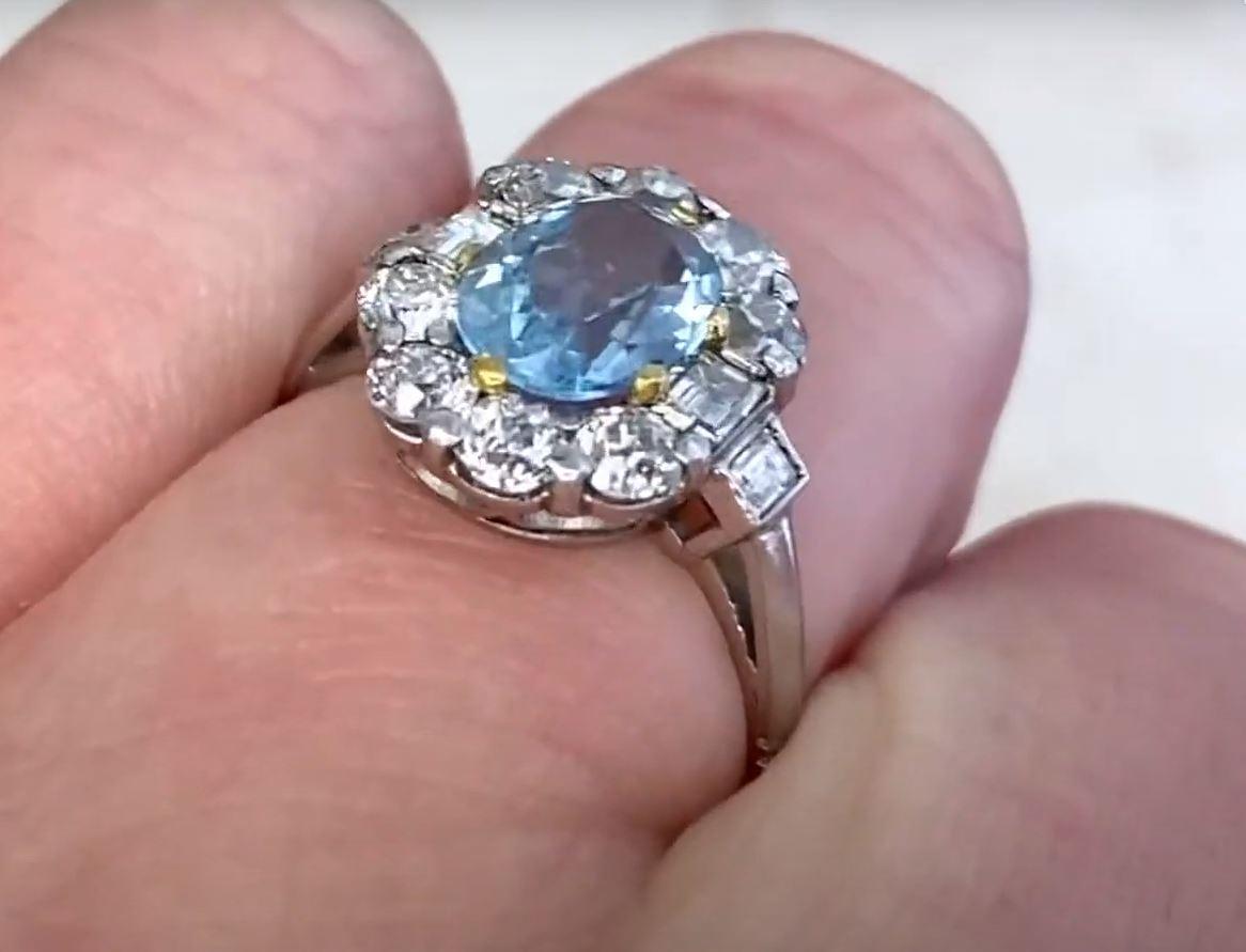 1.20ct Oval Cut Natural Aquamarine Engagement Ring, Diamond Halo, Platinum For Sale 3