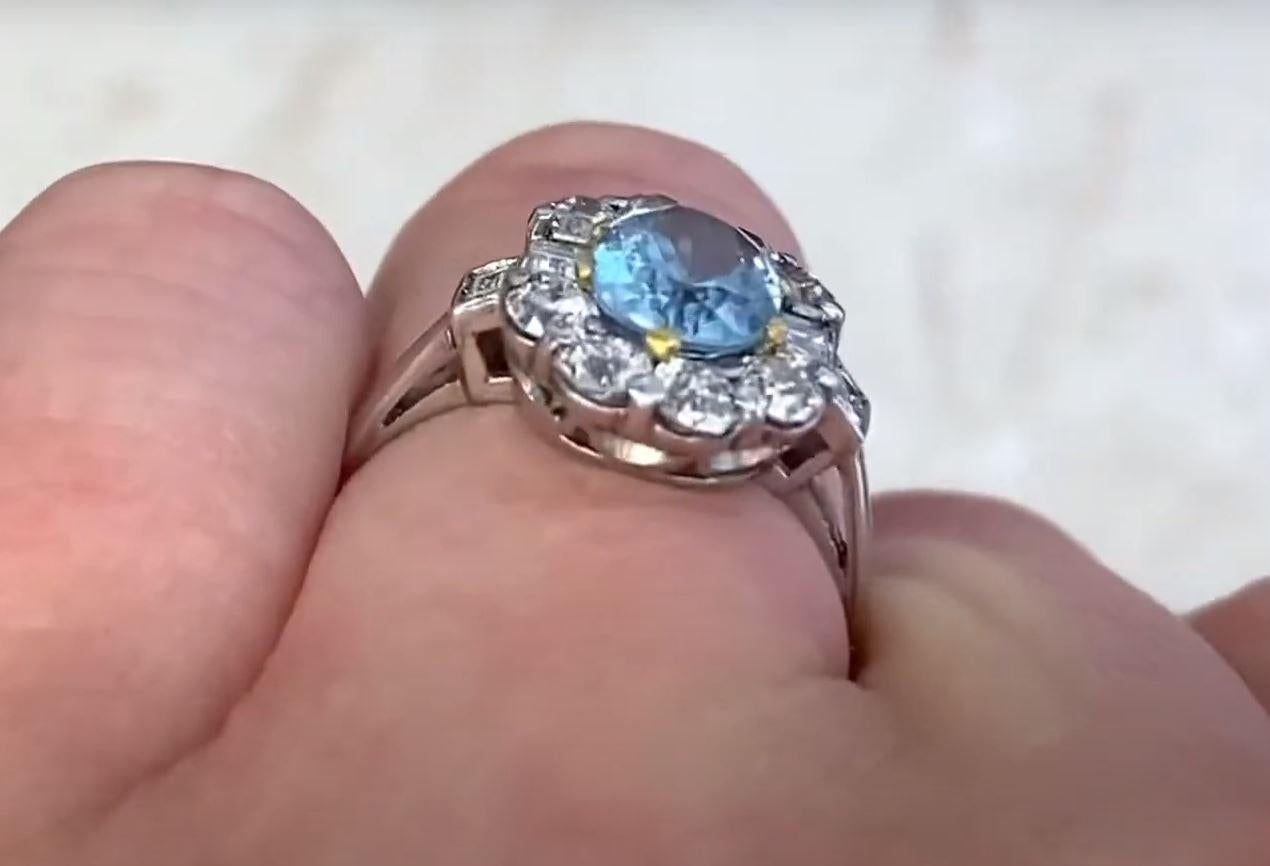 1.20ct Oval Cut Natural Aquamarine Engagement Ring, Diamond Halo, Platinum For Sale 4