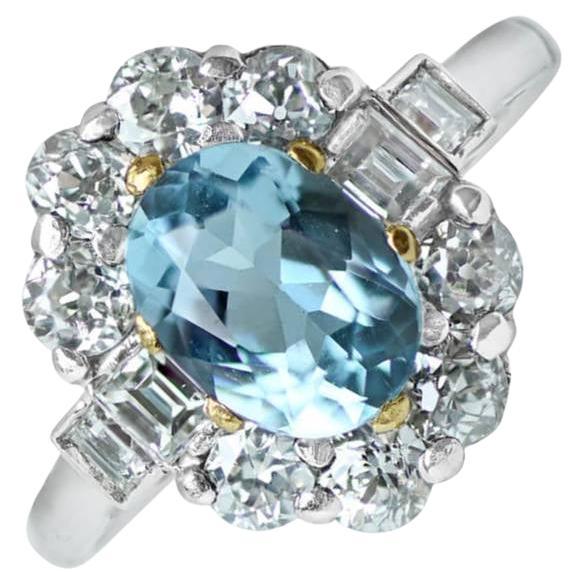 1.20ct Oval Cut Natural Aquamarine Engagement Ring, Diamond Halo, Platinum