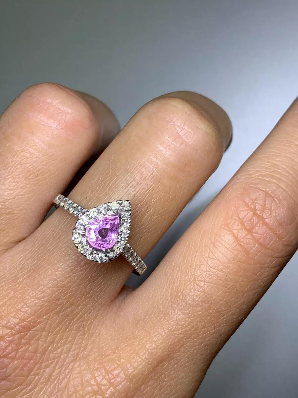Pear Cut 1.20ct Pink sapphire vivid pear diamond halo engagement ring 18k white gold. For Sale