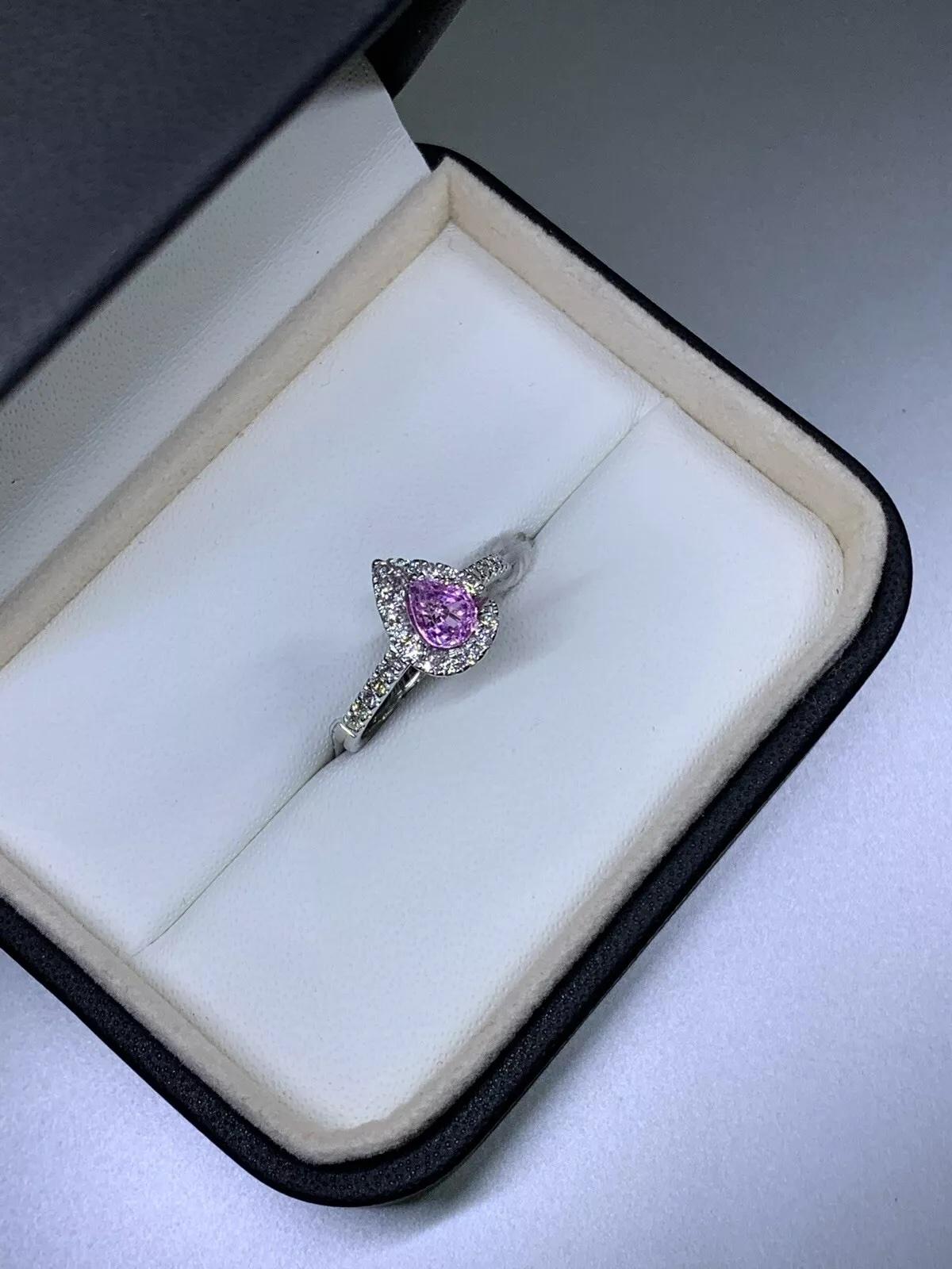 Women's or Men's 1.20ct Pink sapphire vivid pear diamond halo engagement ring 18k white gold. For Sale