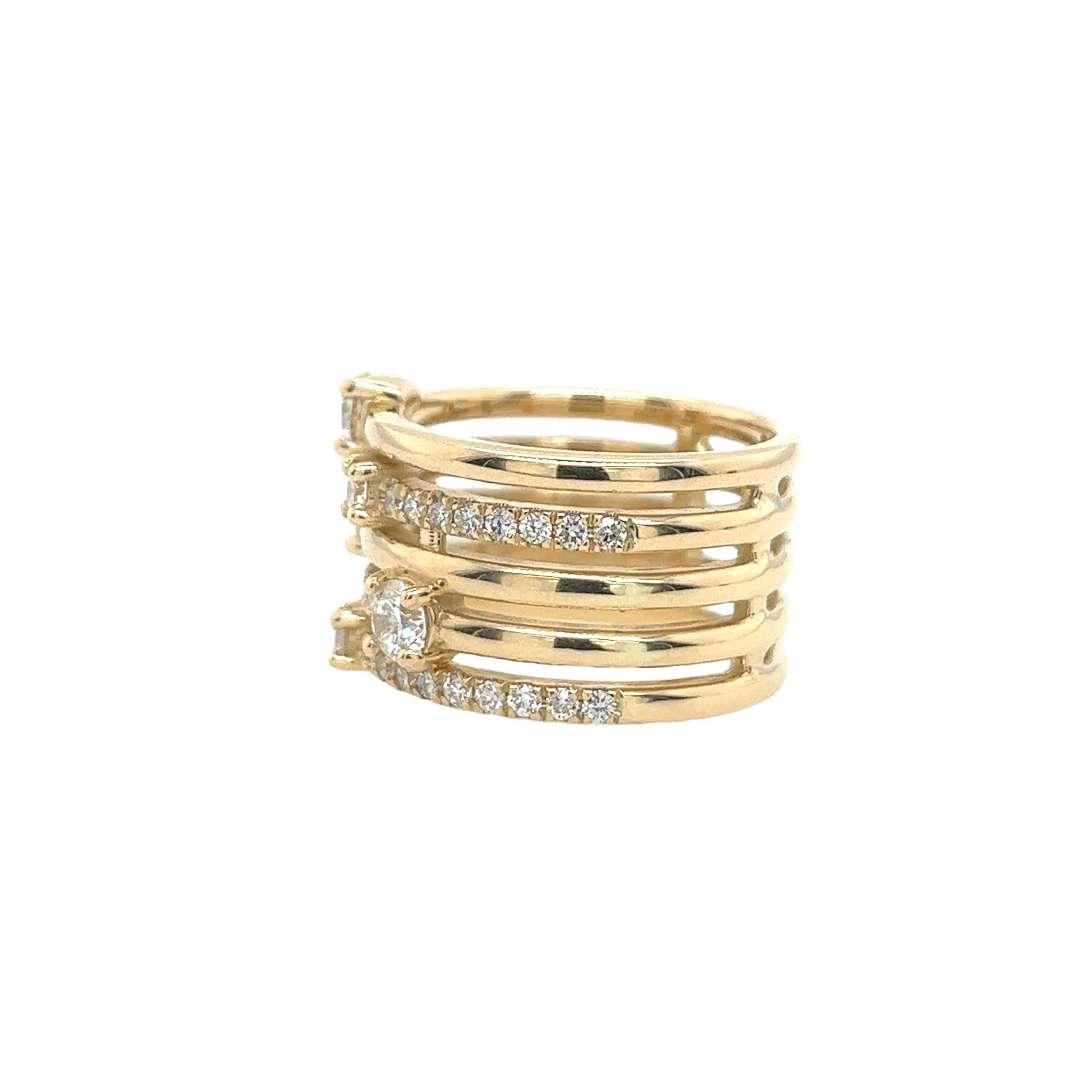 1.20ct Round Brilliant Cut 5 Row 14ct Yellow Gold Ring In New Condition For Sale In London, GB