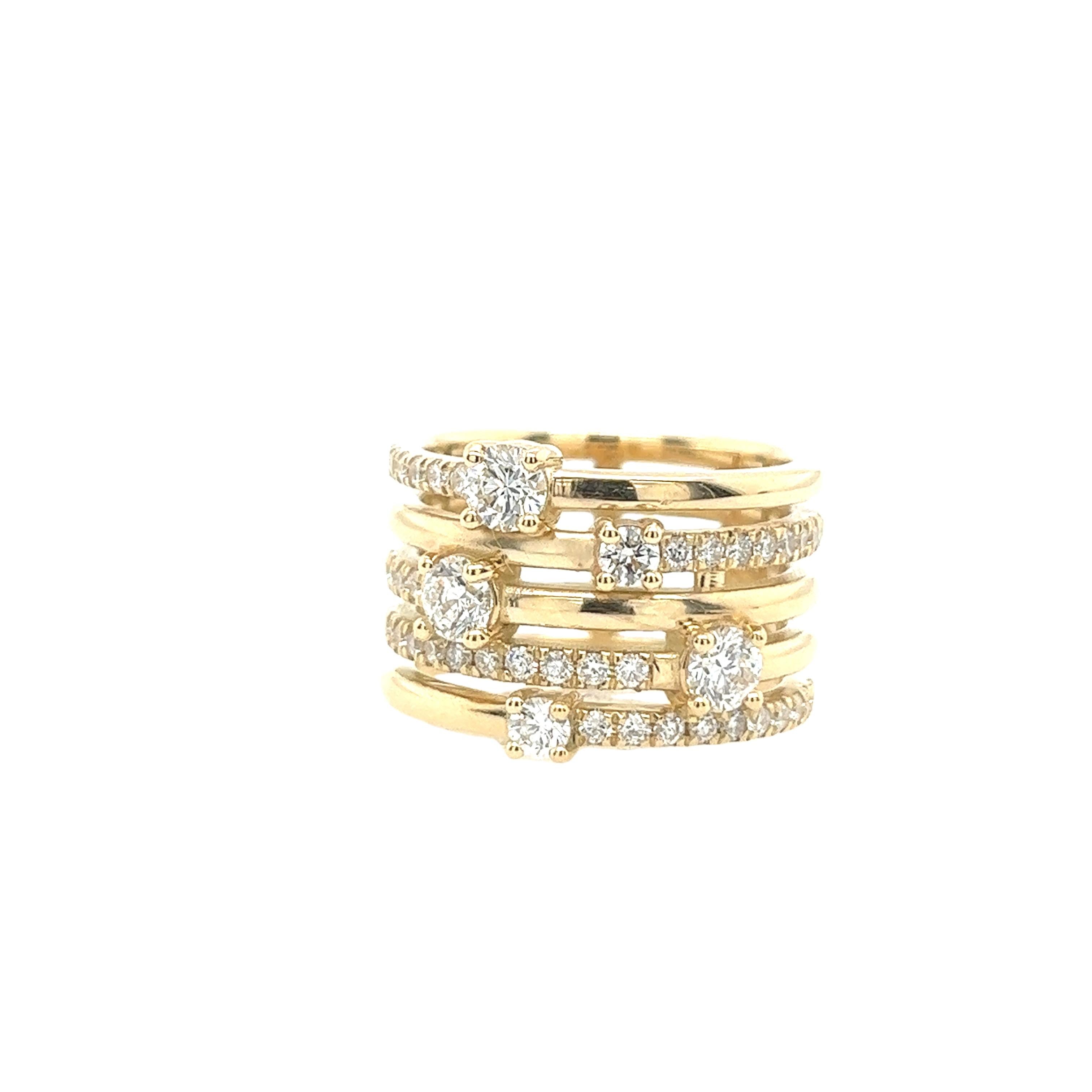 Women's 1.20ct Round Brilliant Cut 5 Row 14ct Yellow Gold Ring For Sale