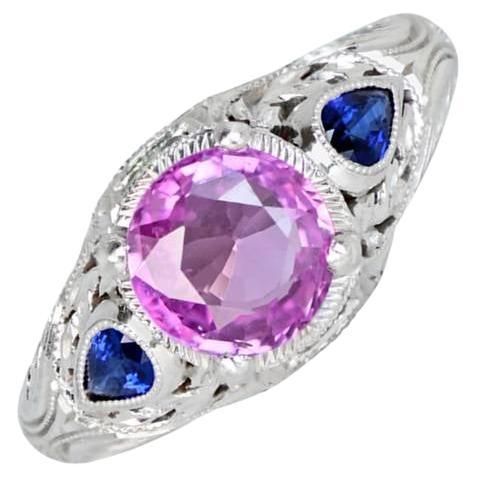 1.20ct Round Cut Pink Sapphire Engagement Ring, Platinum For Sale