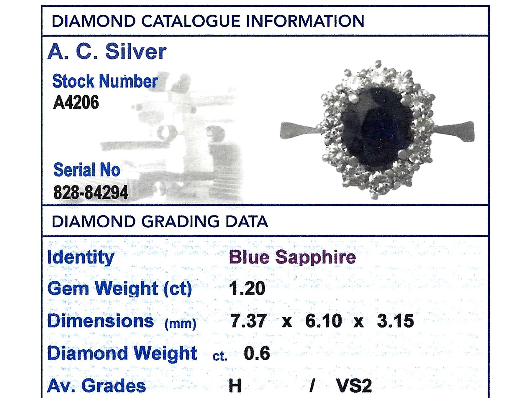 1.20 Carat Sapphire Diamond White Gold Cluster Ring, Vintage 1