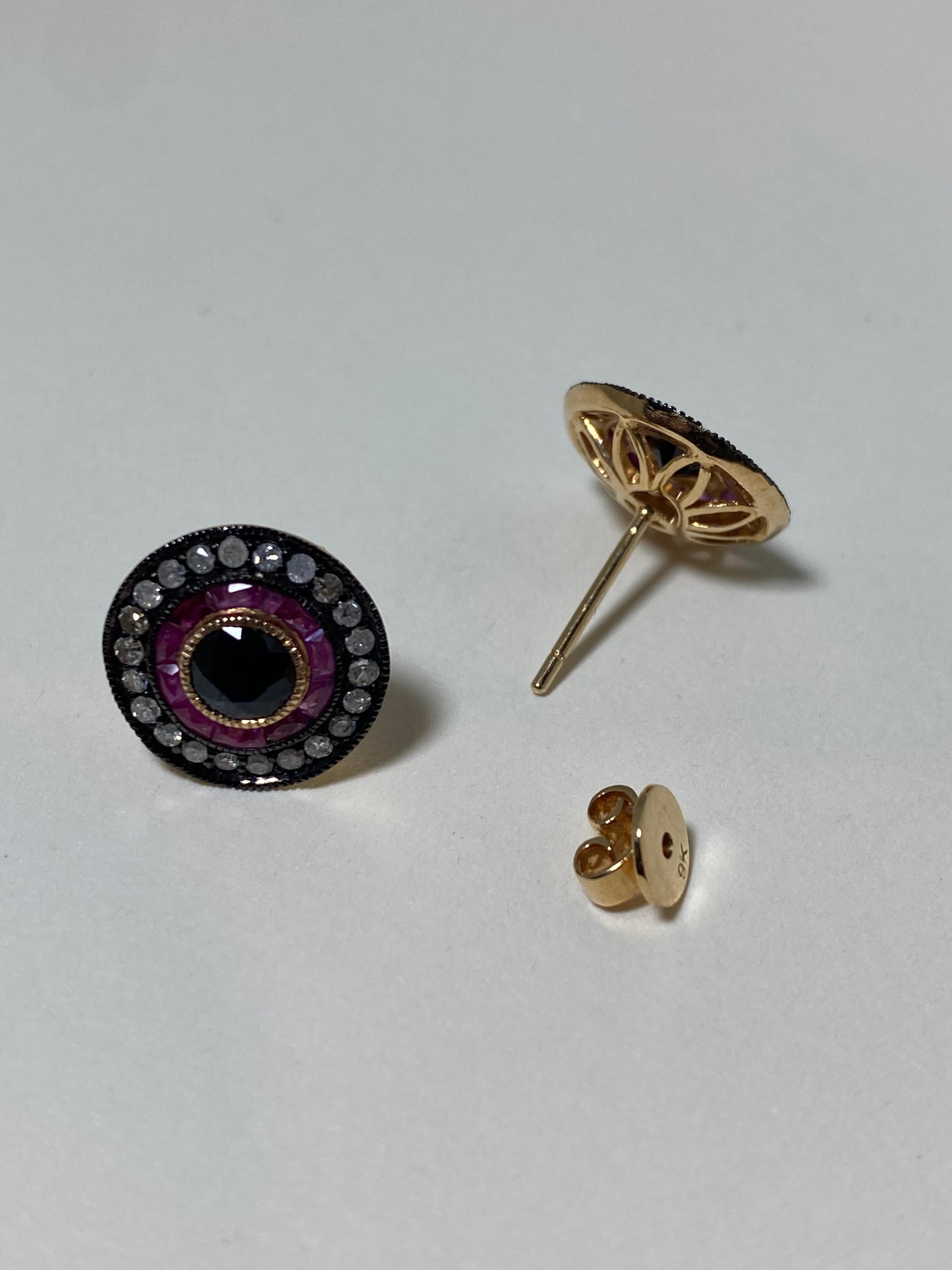 Boucles d'oreilles vintage en or rose 9K avec 1.20ct de saphir, rubis et diamant Pour femmes en vente