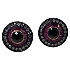 1.20ct Sapphire, Ruby & Diamond Cluster 9K Rose Gold Vintage Stud Earrings