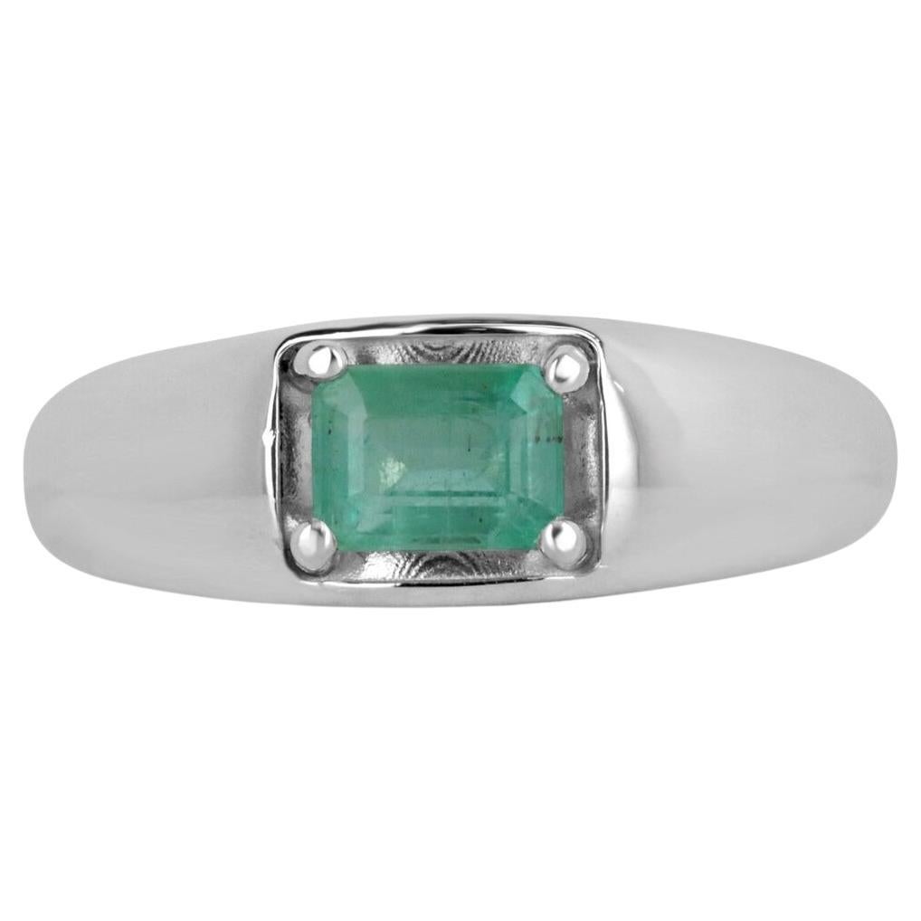 1.20ct SS Men's East to West Medium Green Emerald Cut Emerald 4 Prong 925 Ring For Sale