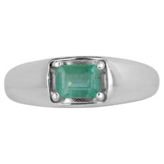 Used 1.20ct SS Men's East to West Medium Green Emerald Cut Emerald 4 Prong 925 Ring