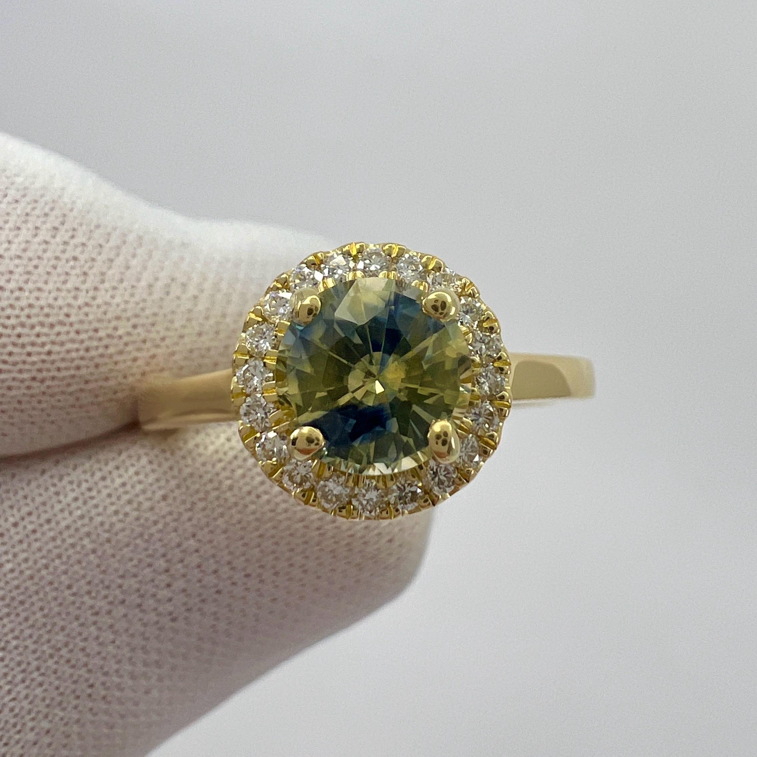 1.20ct Untreated BIColour Blue Yellow Sapphire Diamond 18k Yellow Gold Halo Ring For Sale 5