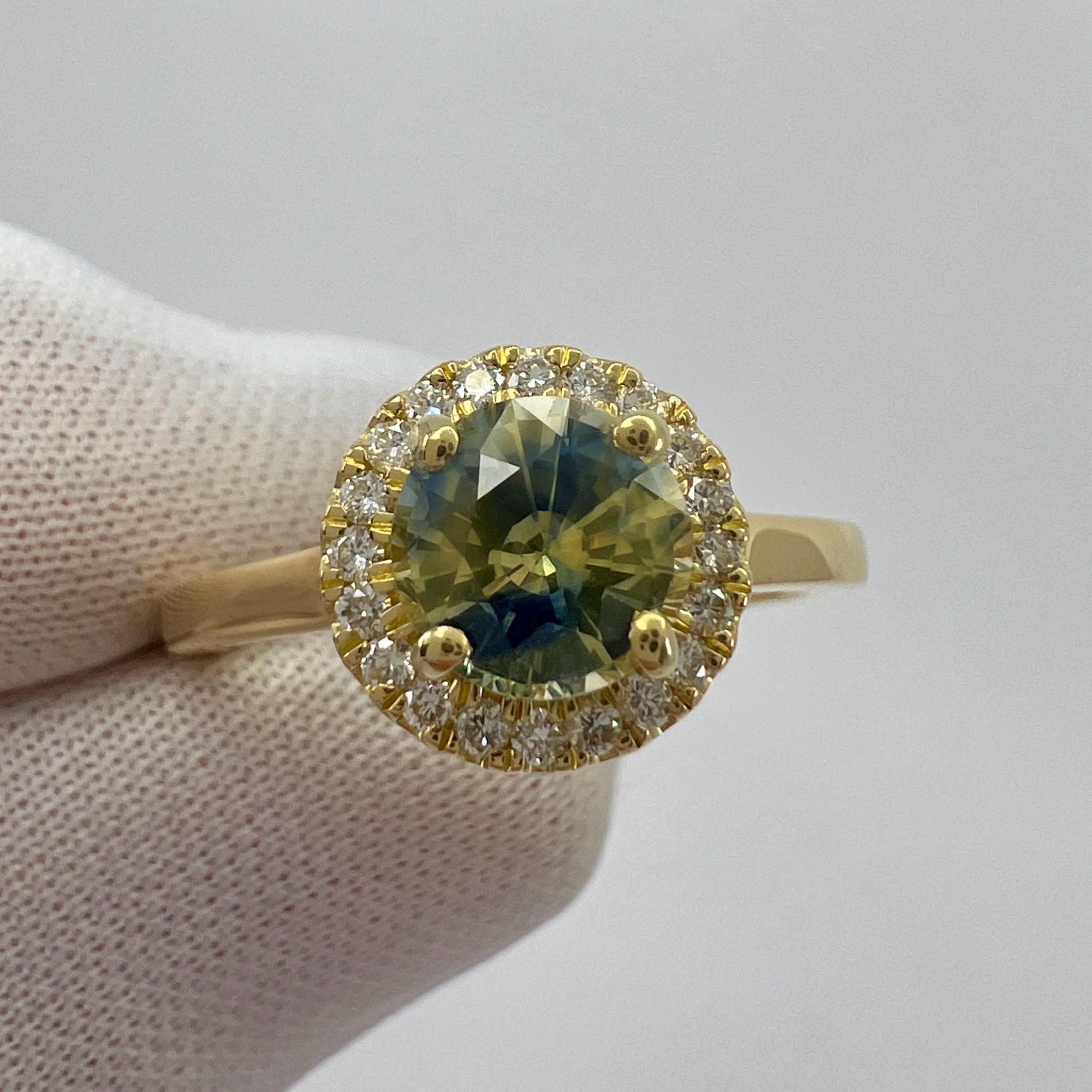1.20ct Untreated BIColour Blue Yellow Sapphire Diamond 18k Yellow Gold Halo Ring For Sale 6