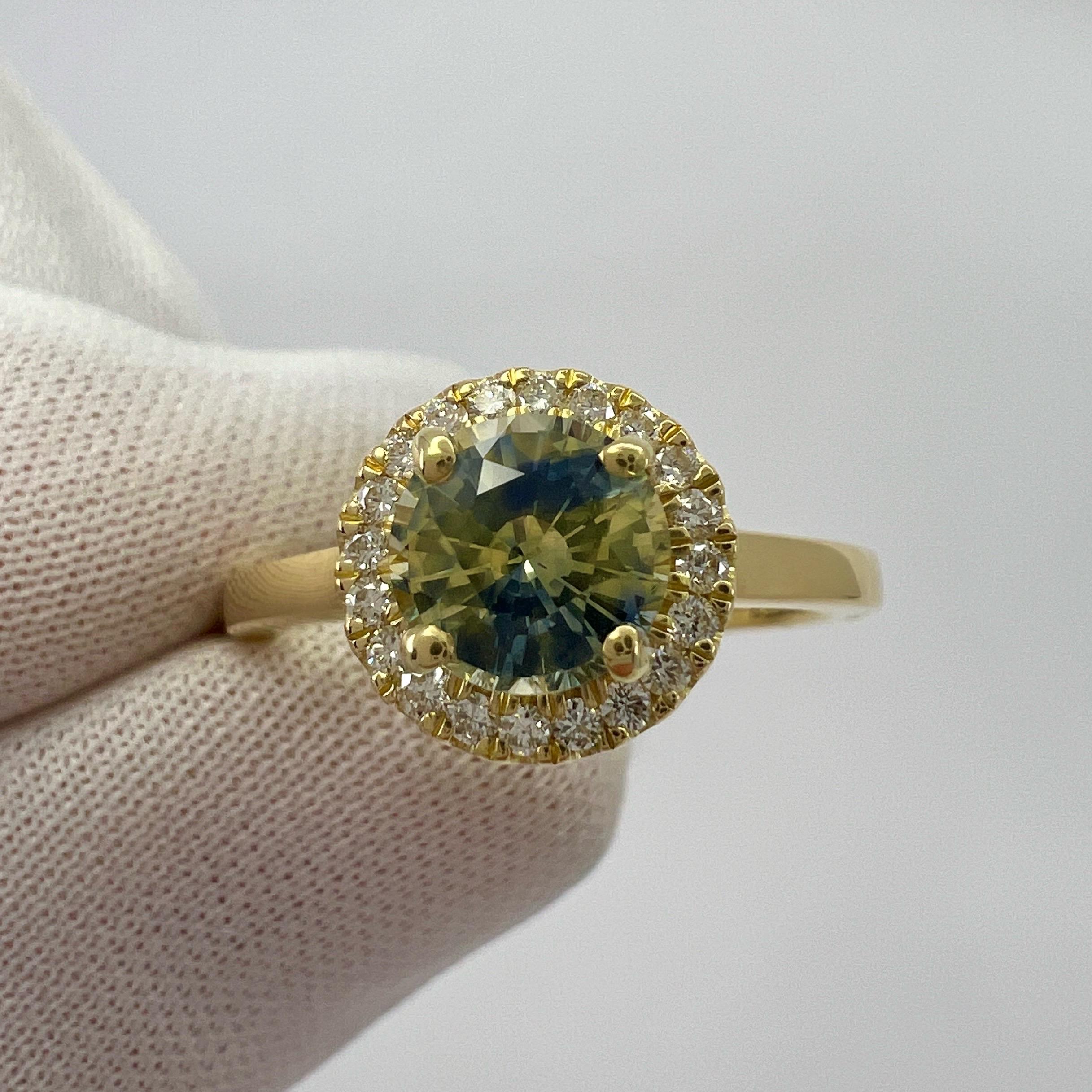 1.20ct Untreated BIColour Blue Yellow Sapphire Diamond 18k Yellow Gold Halo Ring For Sale 7