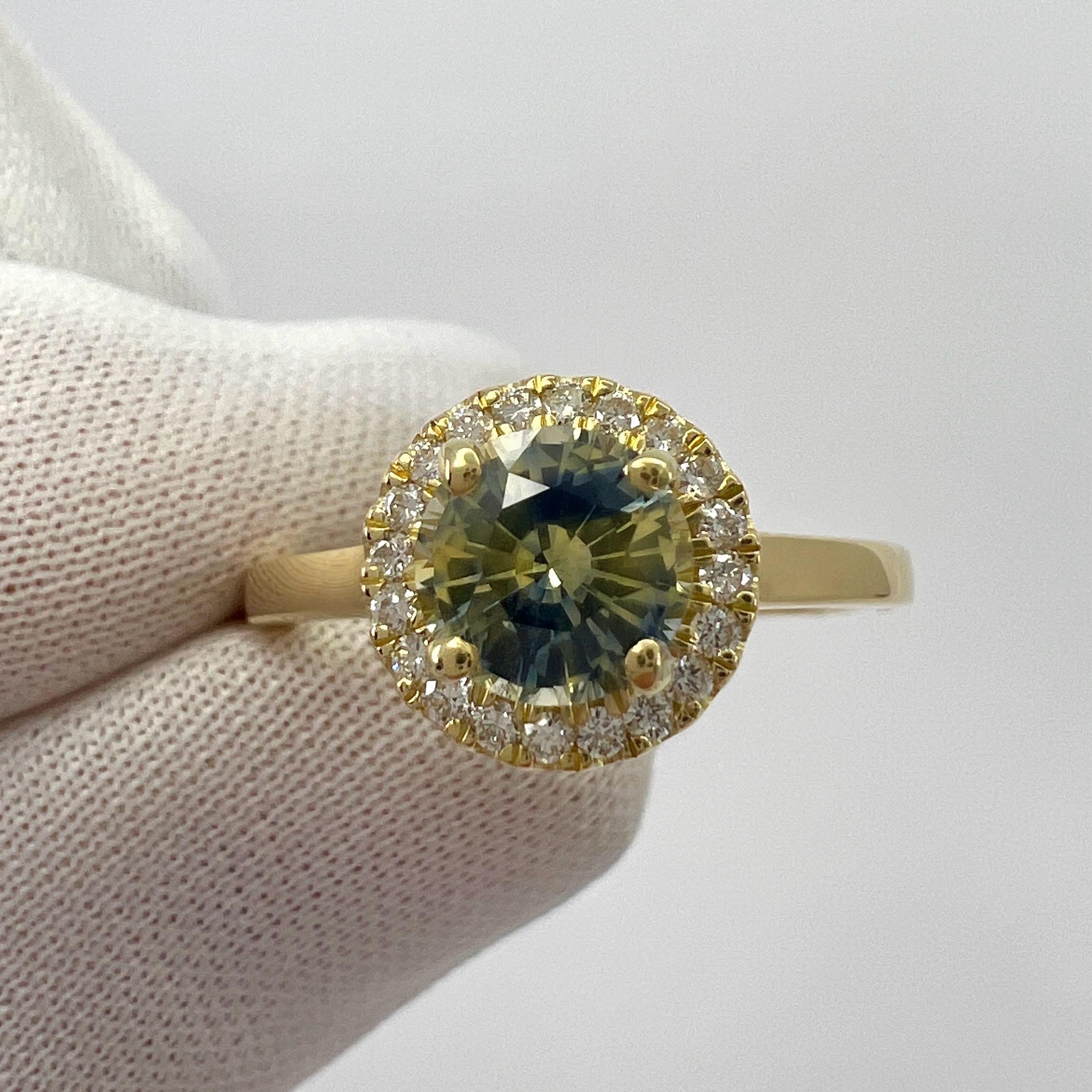 Round Cut 1.20ct Untreated BIColour Blue Yellow Sapphire Diamond 18k Yellow Gold Halo Ring For Sale
