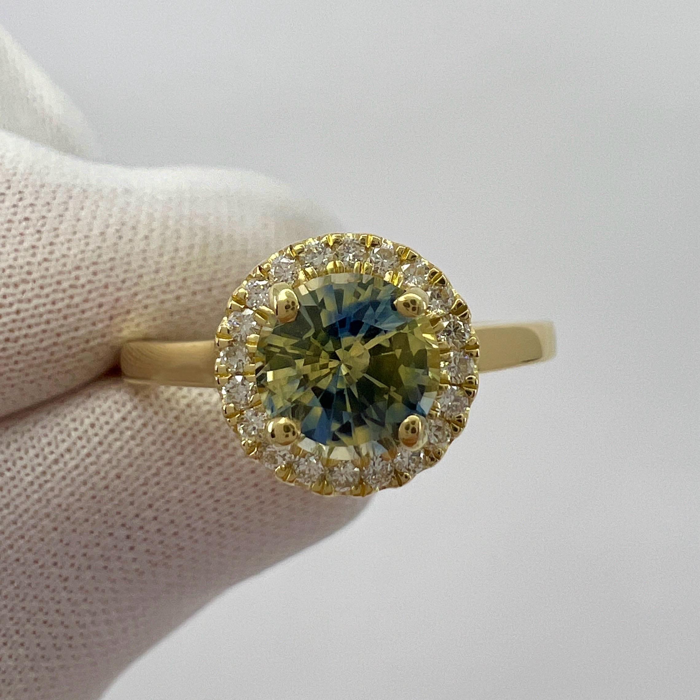 1.20ct Untreated BIColour Blue Yellow Sapphire Diamond 18k Yellow Gold Halo Ring In New Condition For Sale In Birmingham, GB