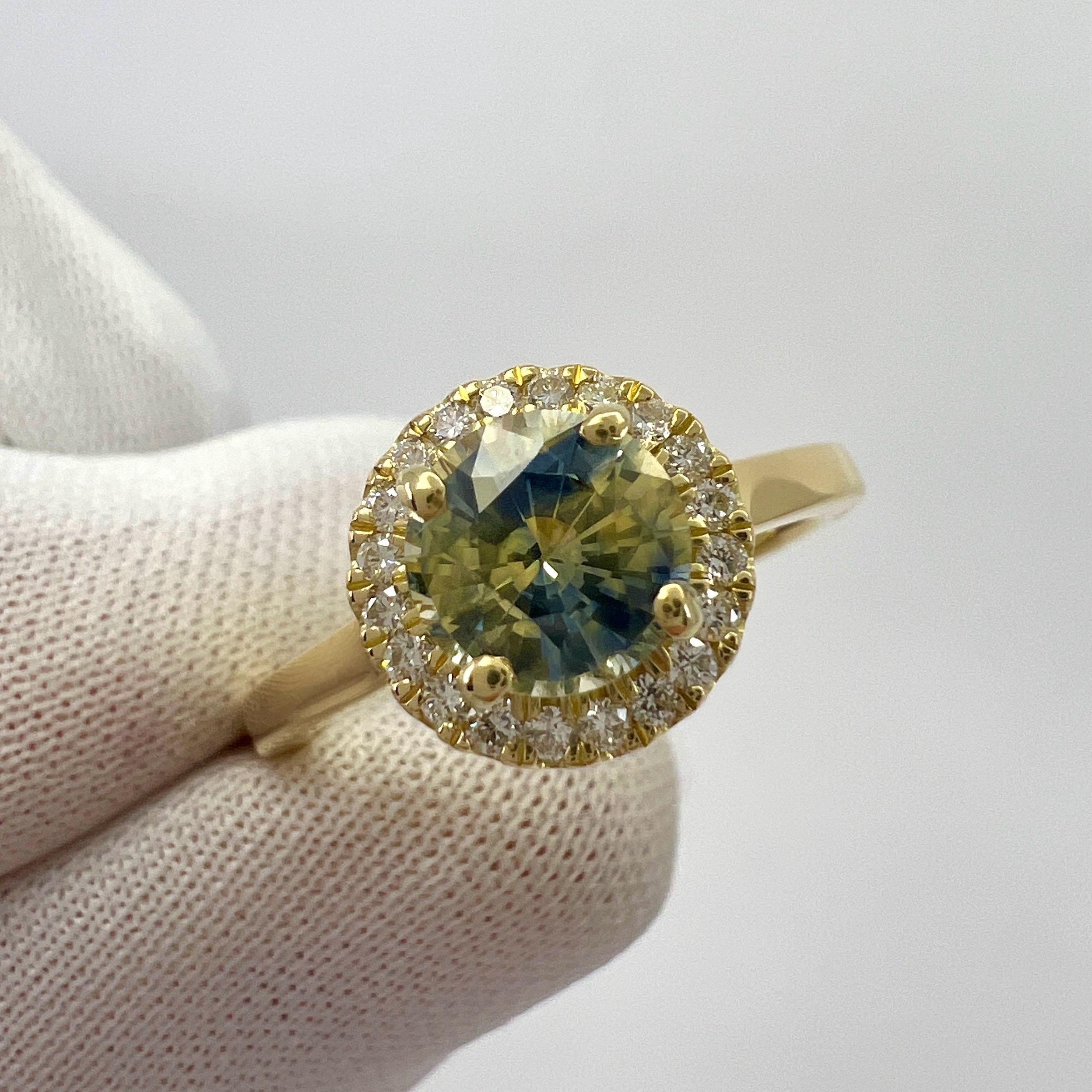 Women's or Men's 1.20ct Untreated BIColour Blue Yellow Sapphire Diamond 18k Yellow Gold Halo Ring For Sale