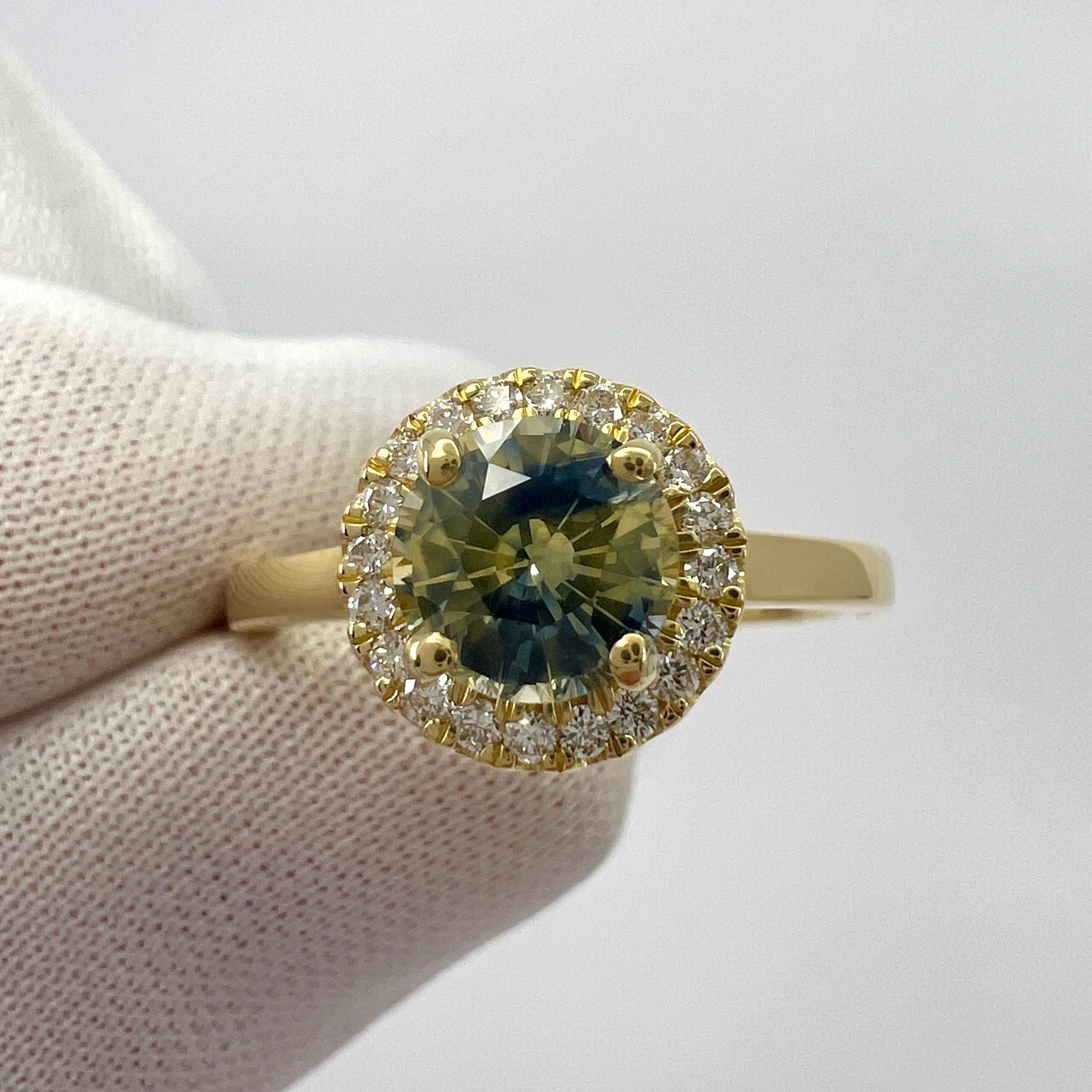 1.20ct Untreated BIColour Blue Yellow Sapphire Diamond 18k Yellow Gold Halo Ring For Sale 1