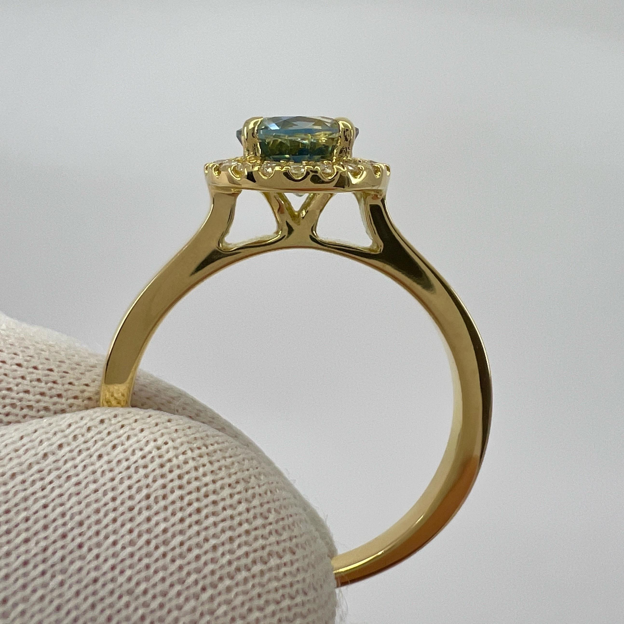 1.20ct Untreated BIColour Blue Yellow Sapphire Diamond 18k Yellow Gold Halo Ring For Sale 2