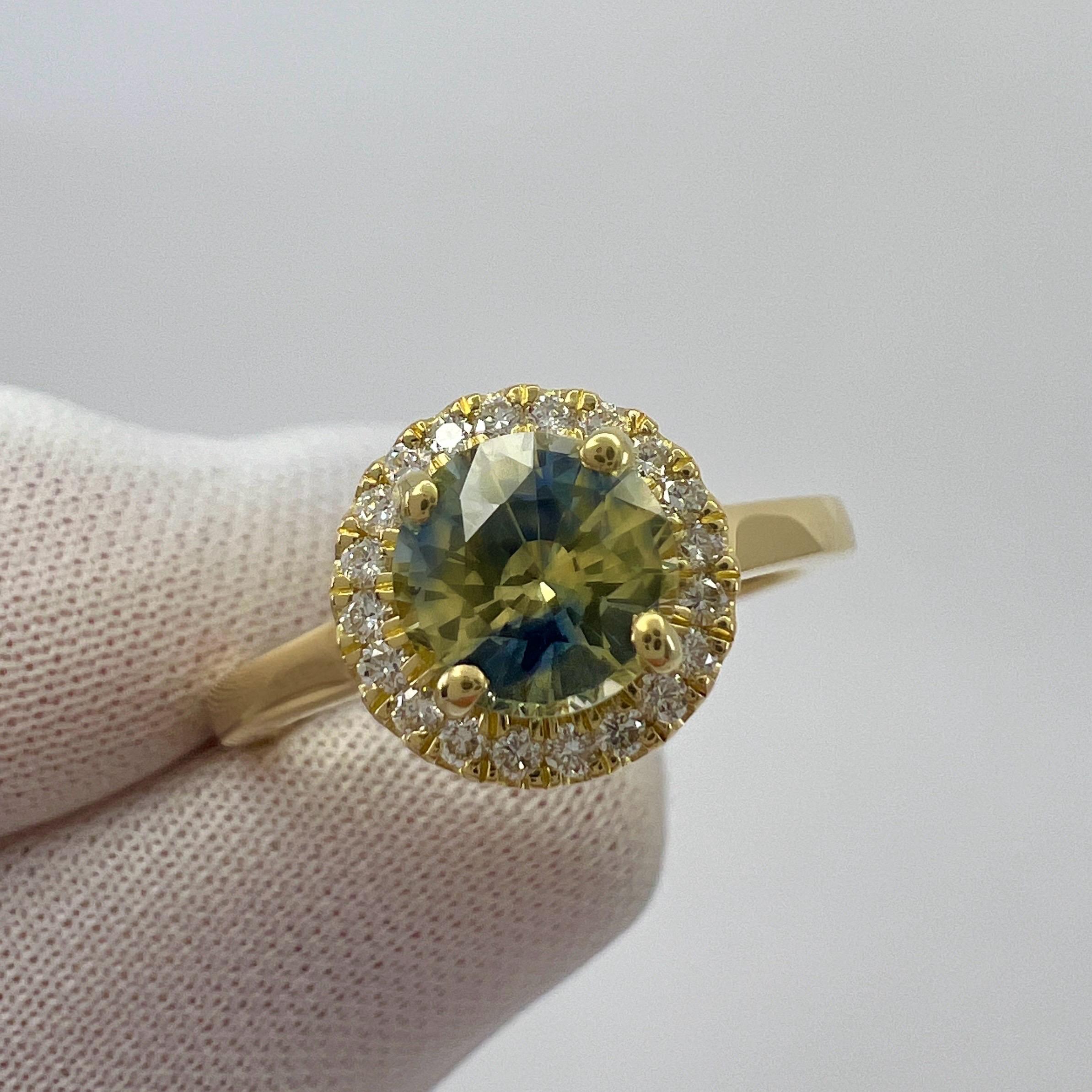 1.20ct Untreated BIColour Blue Yellow Sapphire Diamond 18k Yellow Gold Halo Ring For Sale 4