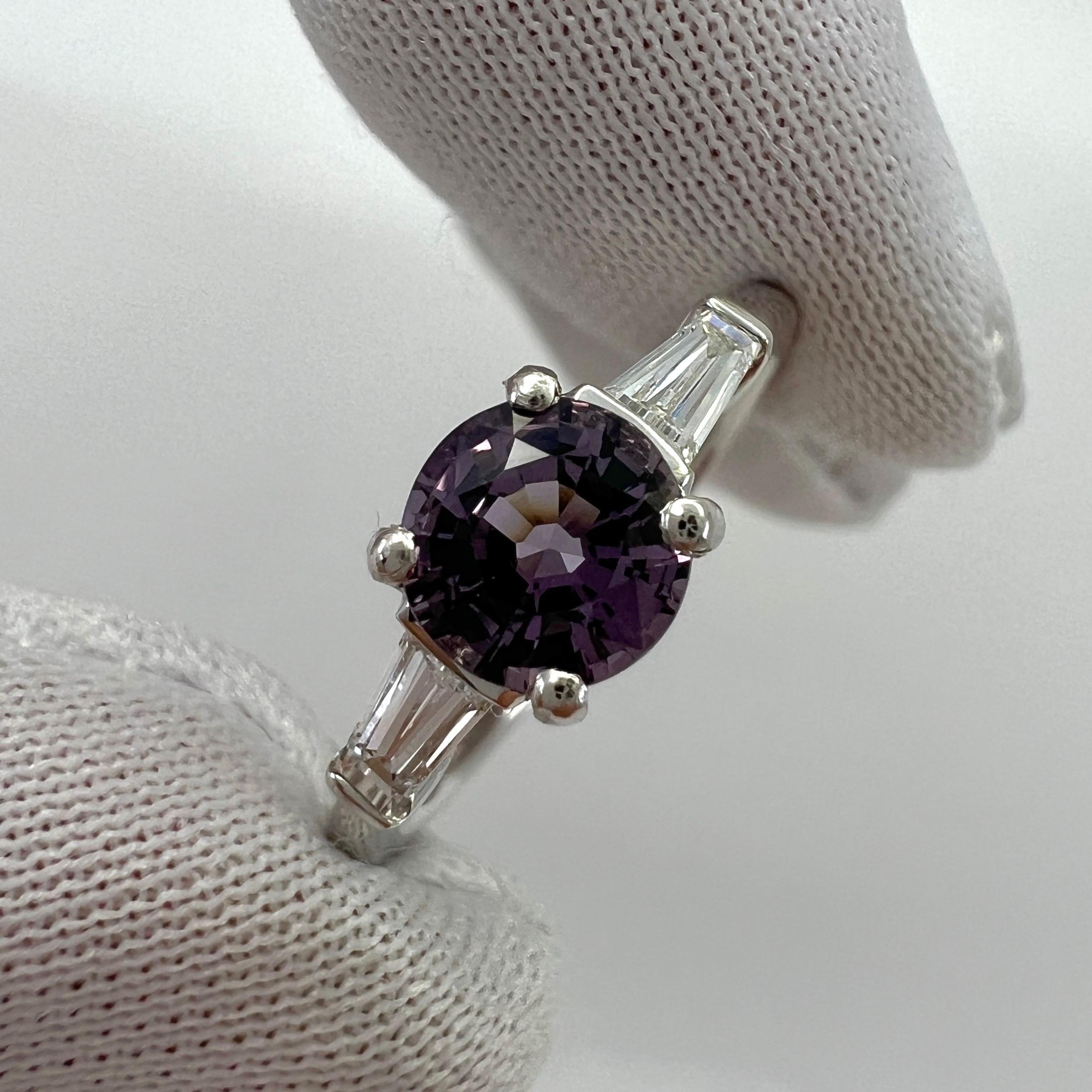 1.20ct Vivid Lilac Purple Spinel & Diamond Platinum Round Cut Three Stone Ring For Sale 6